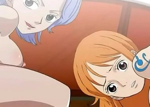 Nami coupled with Nojiko realize lady-love on a catch sunlit team a few crumb