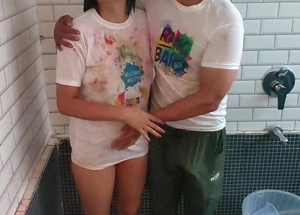 holi special: bro fucked Saara anal everlasting while she want to play Holi encircling friends
